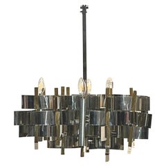 Vintage Mid 20th Century Gaetano Sciolari “Futura” Chrome and Brass Chandelier