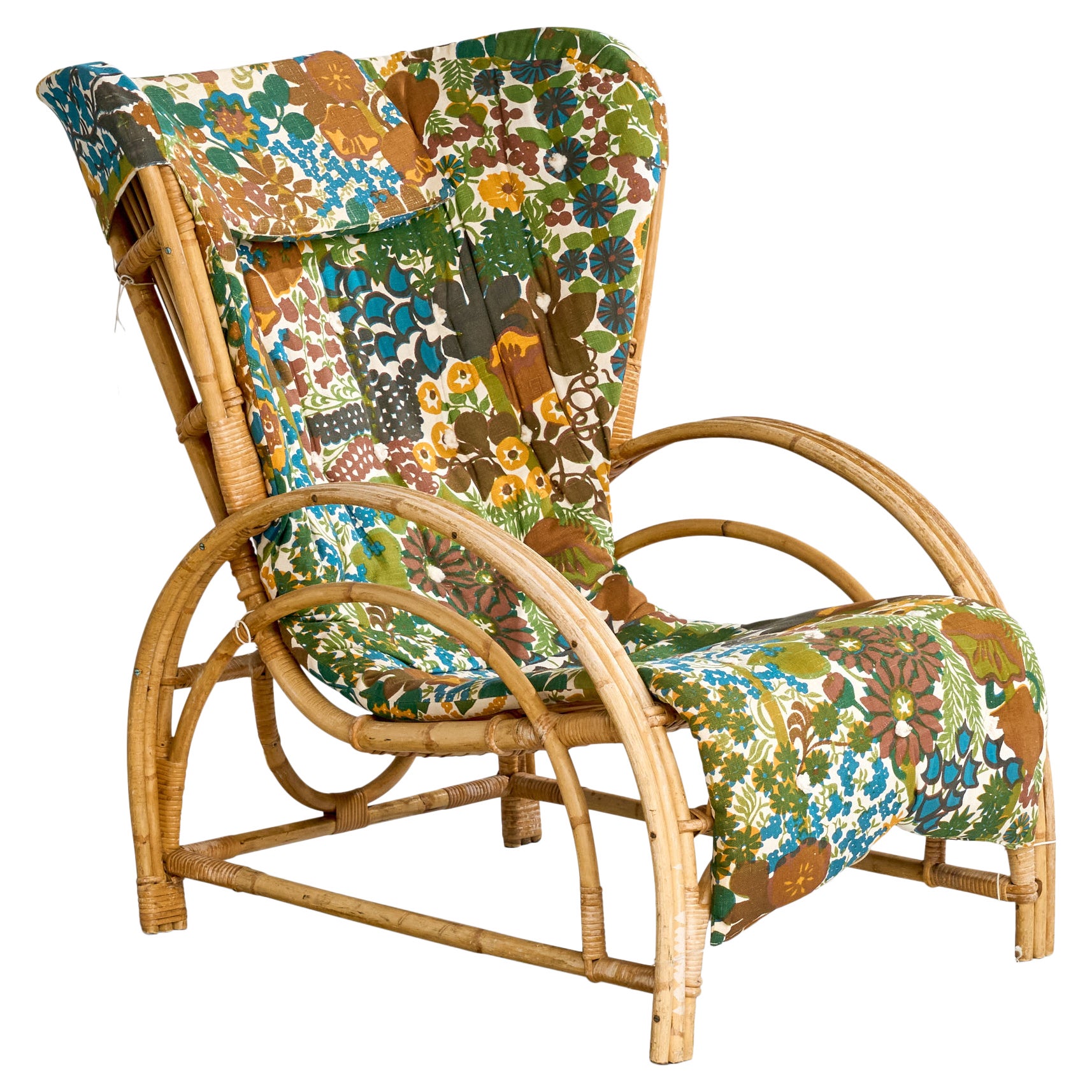 Swedish Designer, Lounge Chair, Bamboo, Rattan, Fabric, Sweden, 1940s