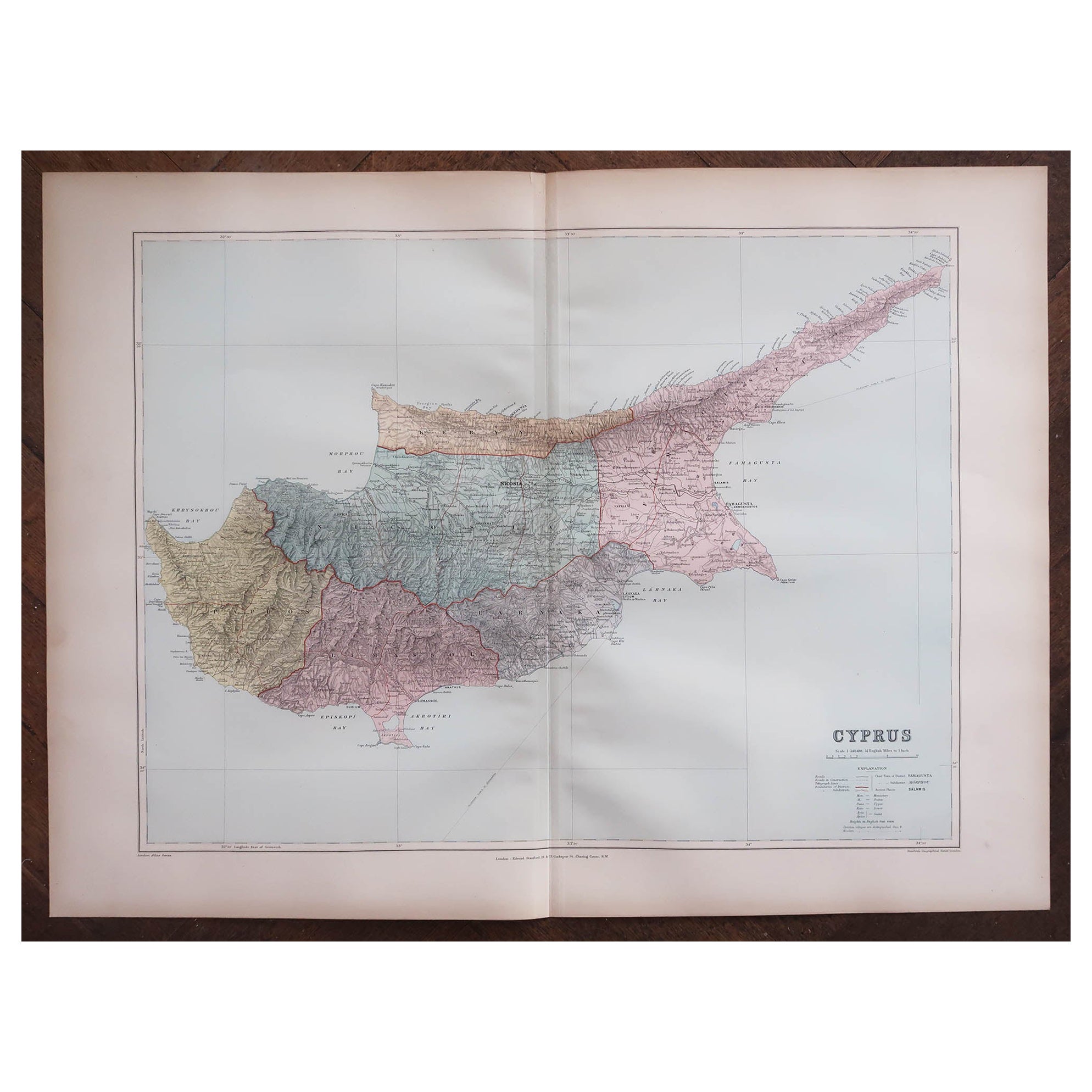 Grande mappa antica originale di Cipro. 1894