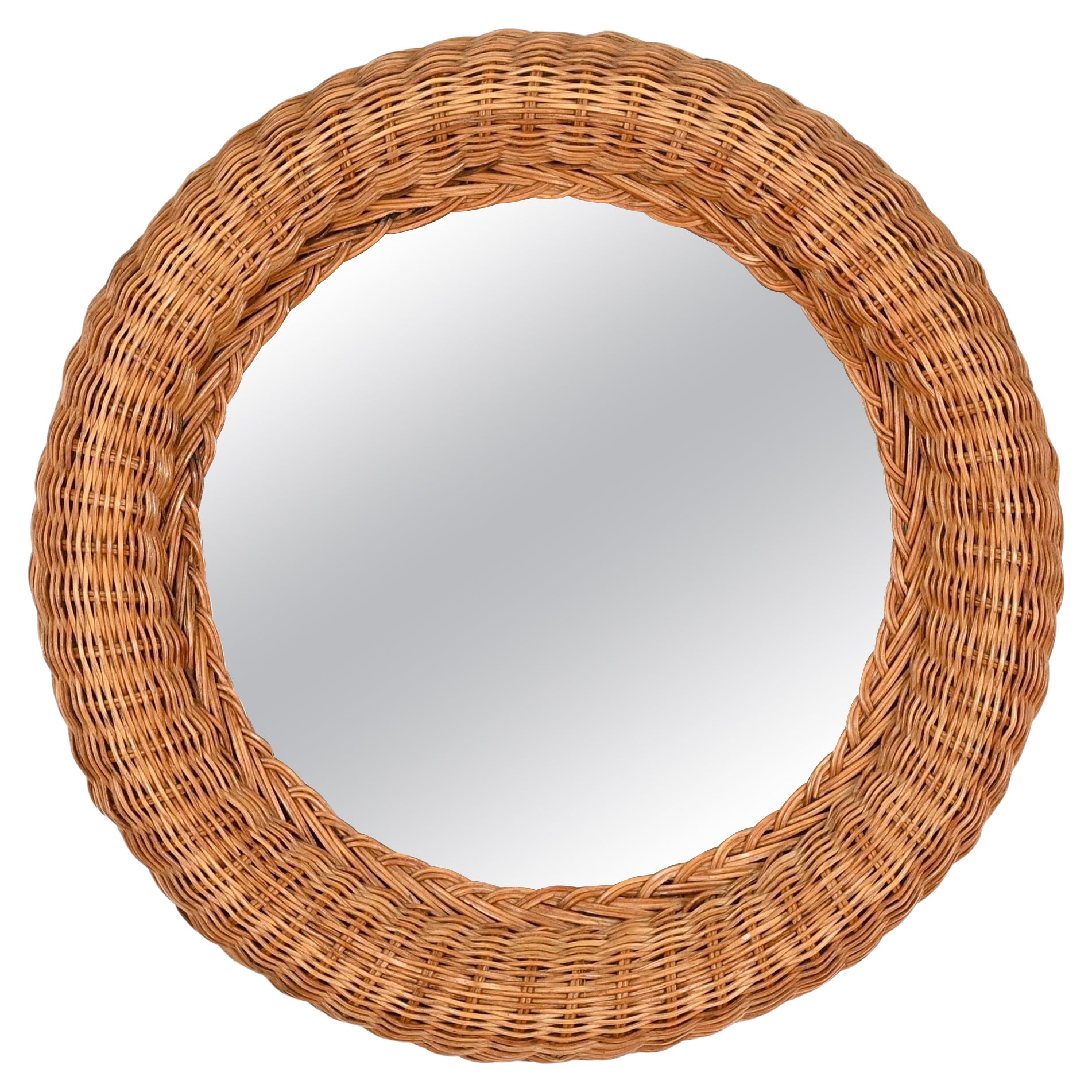 French Riviera Mid-Century Round Mirror in Woven Rattan Wicker, Italy 1970s For Sale