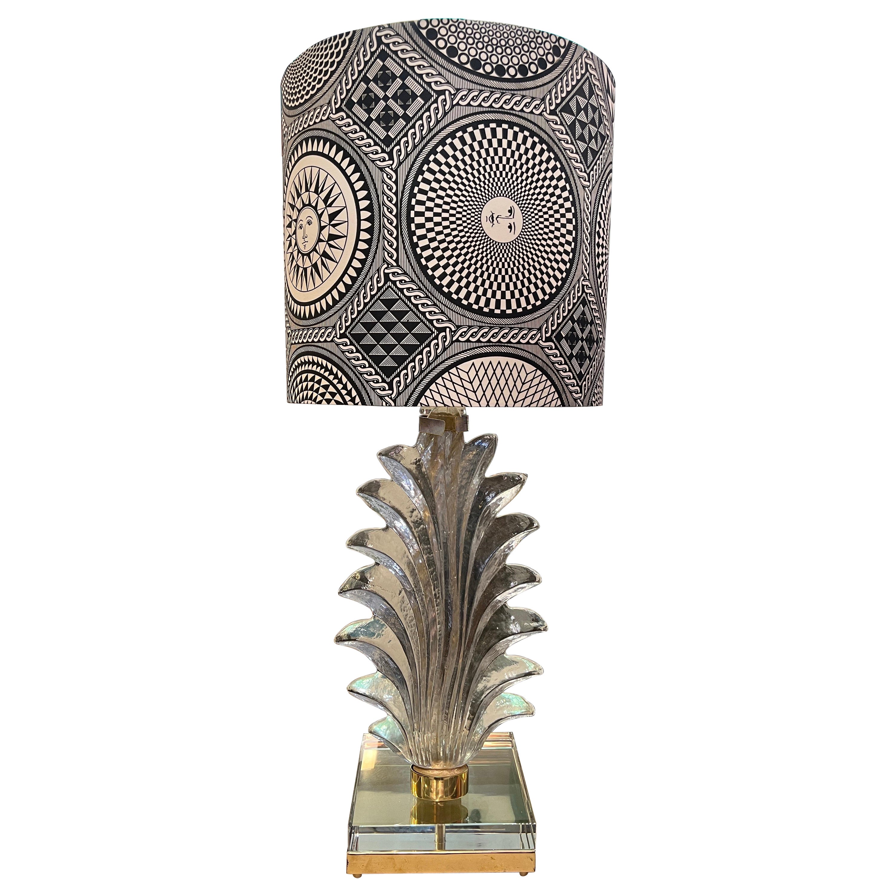 Murano Clear Glass Leaf Lamp with Fornasetti Fabric Lampshade, 1940s