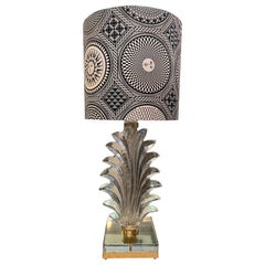 Murano Clear Glass Leaf Lamp with Fornasetti Fabric Lampshade, 1940s