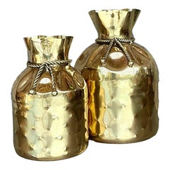 Vintage Boho Polished Brass Tethered Bags - Set of 2