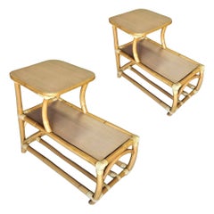 Restored Rattan Side Table 2-Tier w/ Formica Top - Set of 2