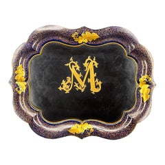 Large English Monogrammed M Painted Tole Serving Tray