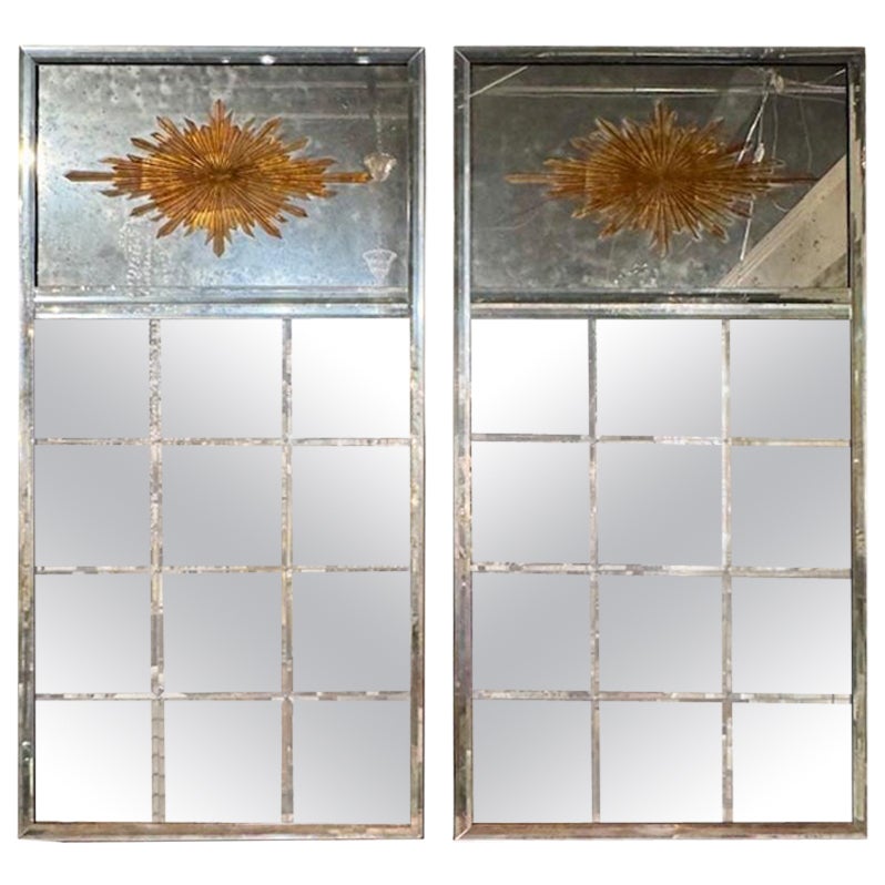 Pair of Maison Jansen Manner Eglomise' Sunburst Mirrors with Divided Glass