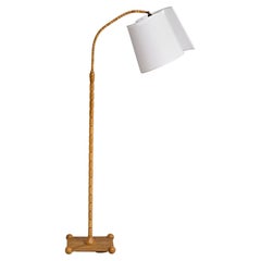 Swedish Designer, Floor Lamp, Oak, Fabric, Brass, Sweden, 1940s