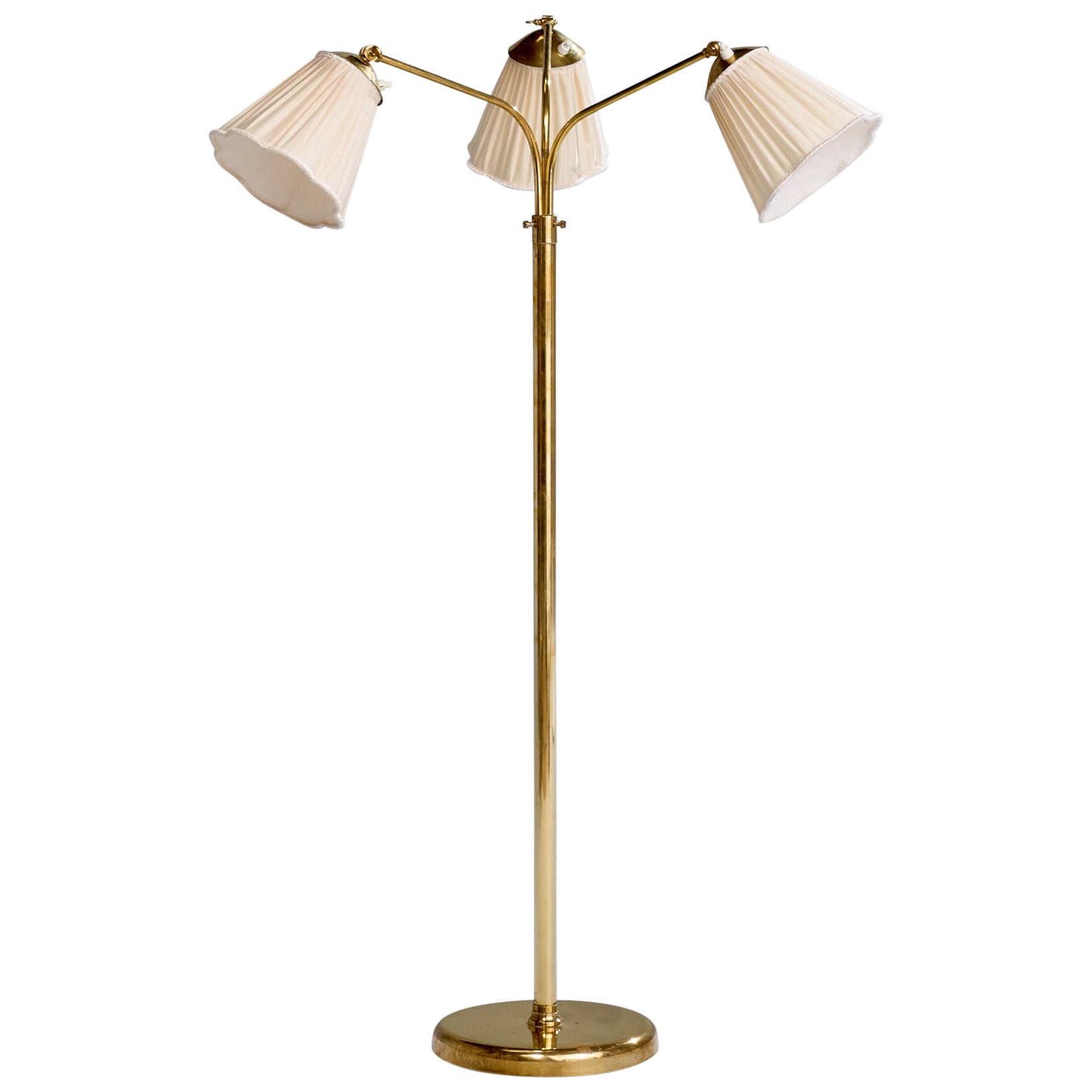 Lampada da terra di design svedese, ottone, tessuto, Svezia, anni '40