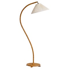 Swedish Designer, Floor Lamp, Oak, Fabric, Brass, Sweden, 1940s