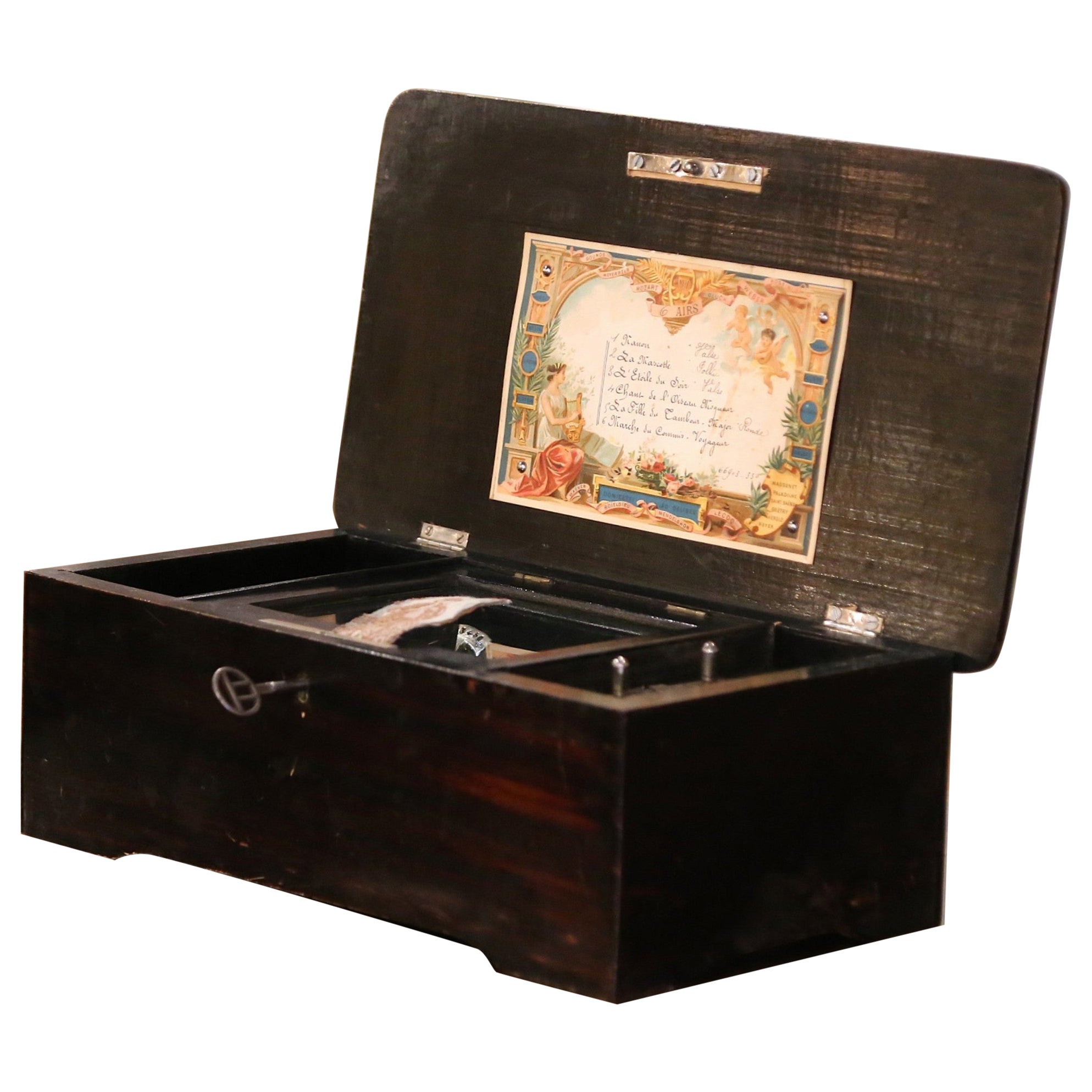 Early 20th Century French Mahogany and Painted Six-Song Cylinder Music Box For Sale