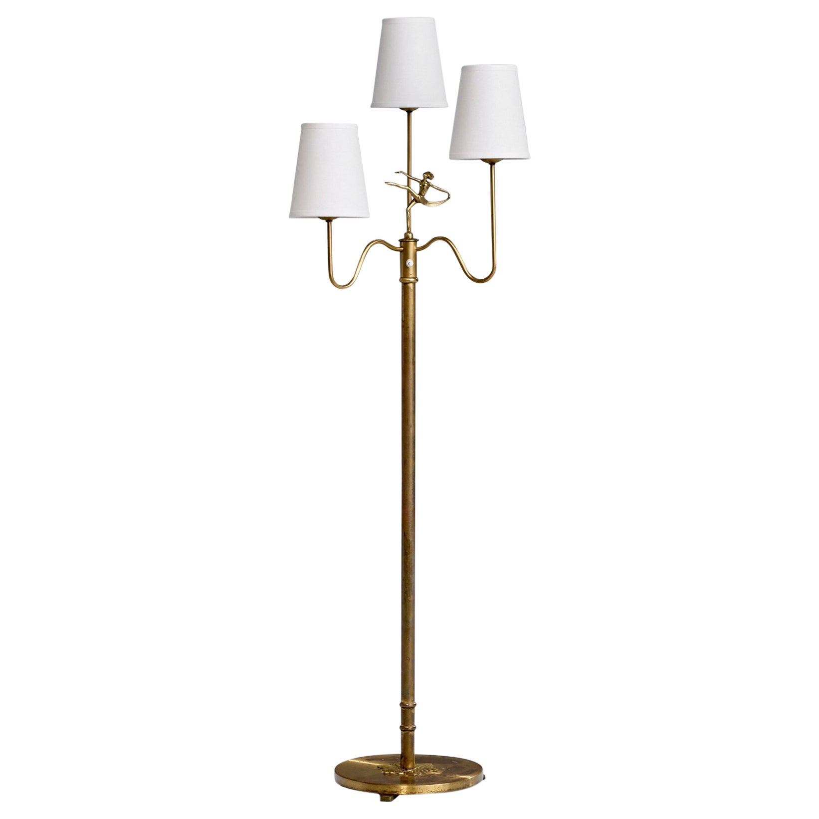 Schwedische Designerin, Stehlampe, Messing, Stoff, Schweden, 1940er Jahre