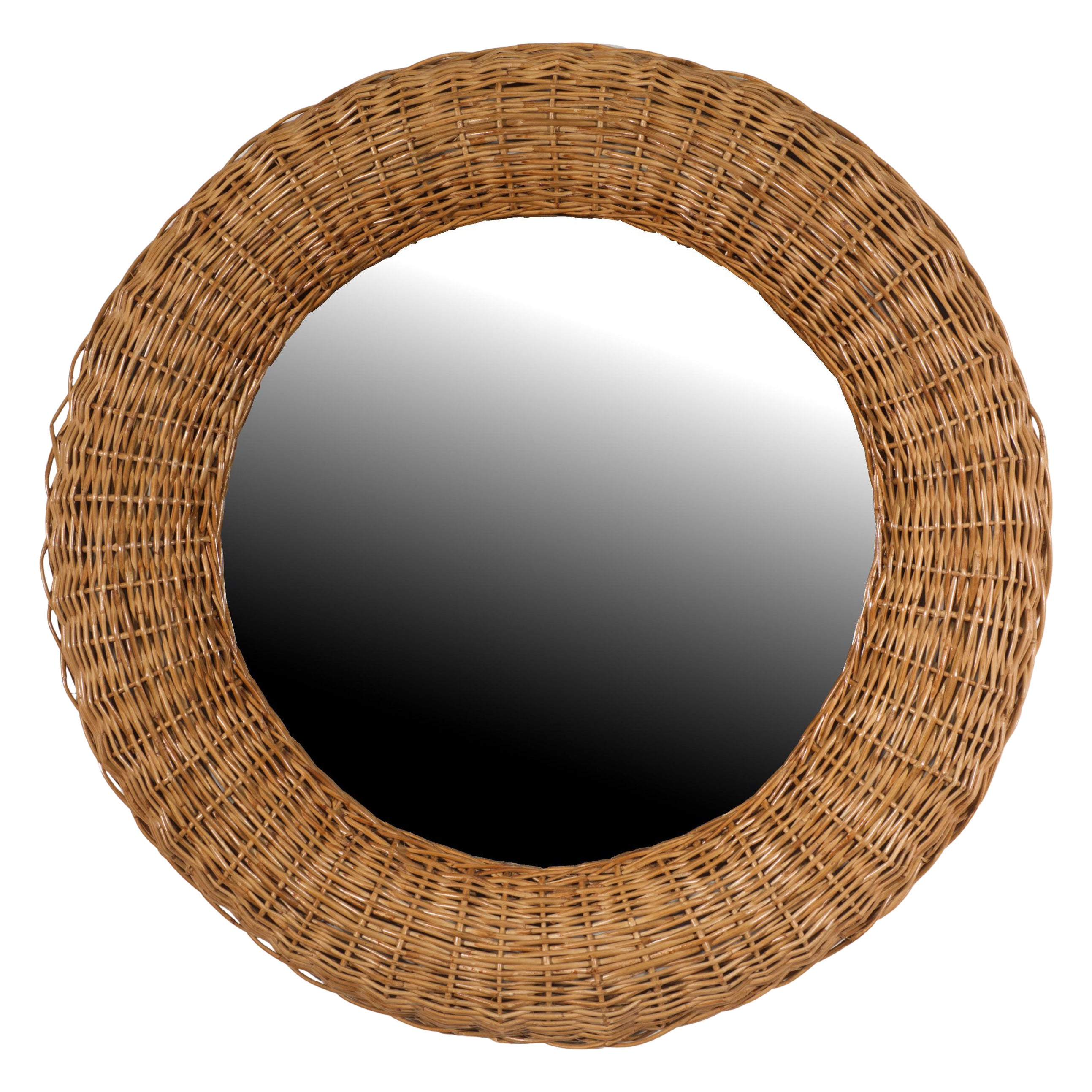 Mid-Century Modern Wicker Rattan Round Wall Mirror, French Country Style