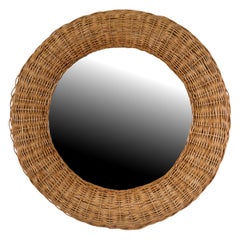 Mid-Century Modern Wicker Rattan Round Wall Mirror, French Country Style
