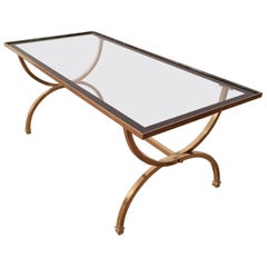 Brass Coffee Table with Clear Glass Top Surrounded with Black Lacquered Edges