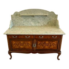 Antique Quality Walnut Floral Marquetry Inlaid Marble Top Washstand/Cabinet