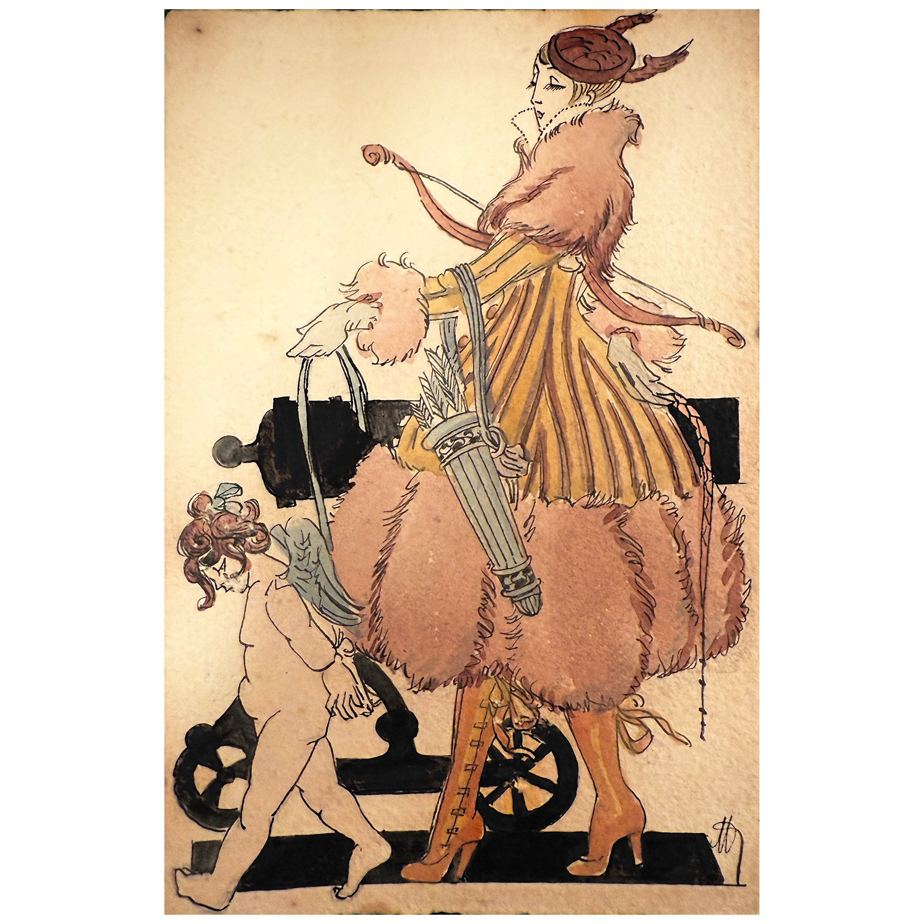 Antiguo Dibujo Belle Époque Acuarela Psique Con Cupido Con Correa Amor Atado
