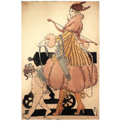 Antiguo Dibujo Belle Époque Acuarela Psique Con Cupido Con Correa Amor Atado
