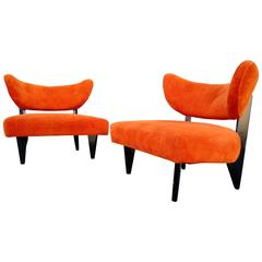 1950s Mid-Century Modern Orange Mohair Lounge Chairs 