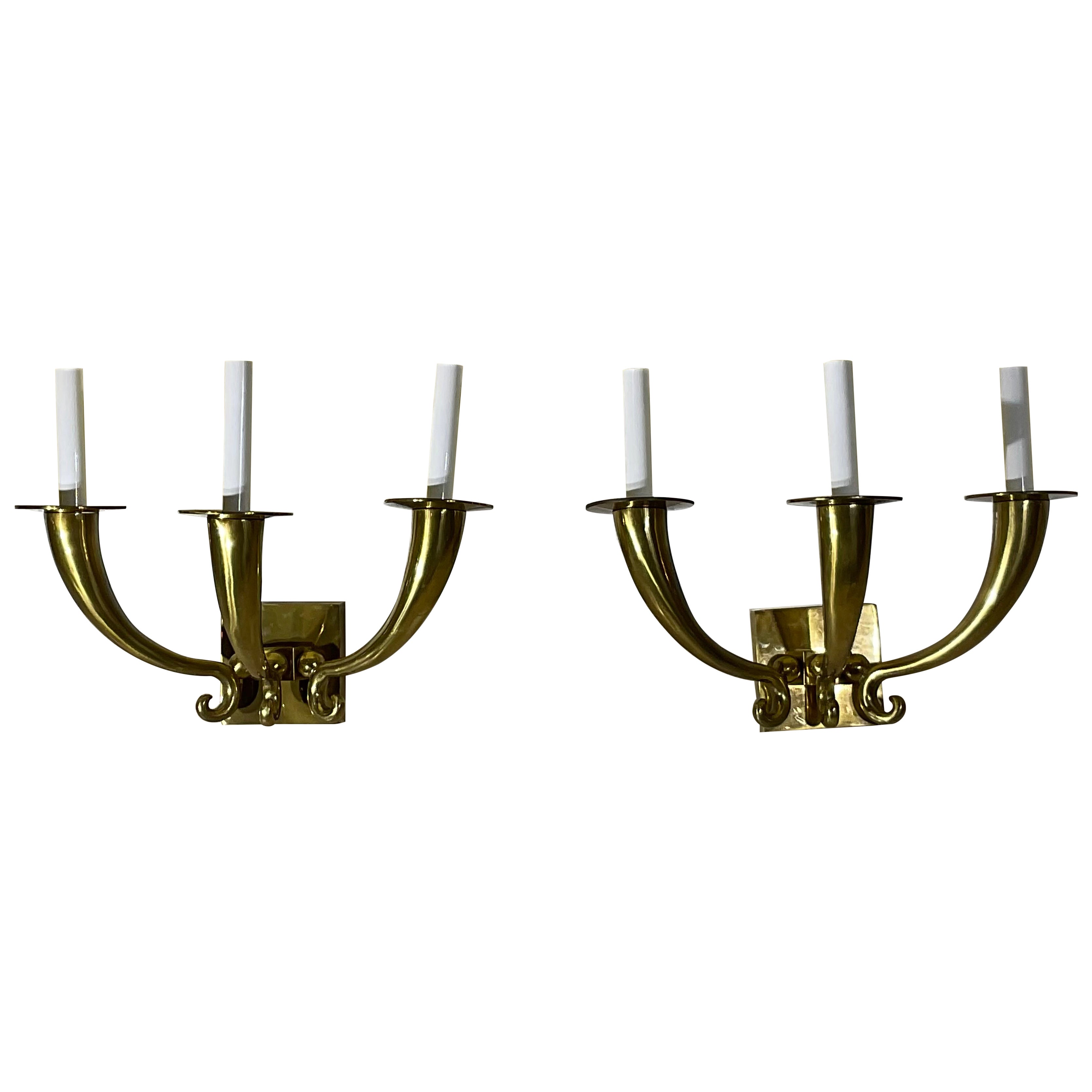 Elegante coppia di lampade da parete in ottone massiccio, stile vintage Hollywood Regency