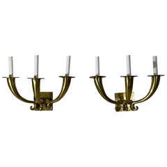 Elegant Pair of Solid Brass Wall Sconces, Vintage Hollywood Regency Style