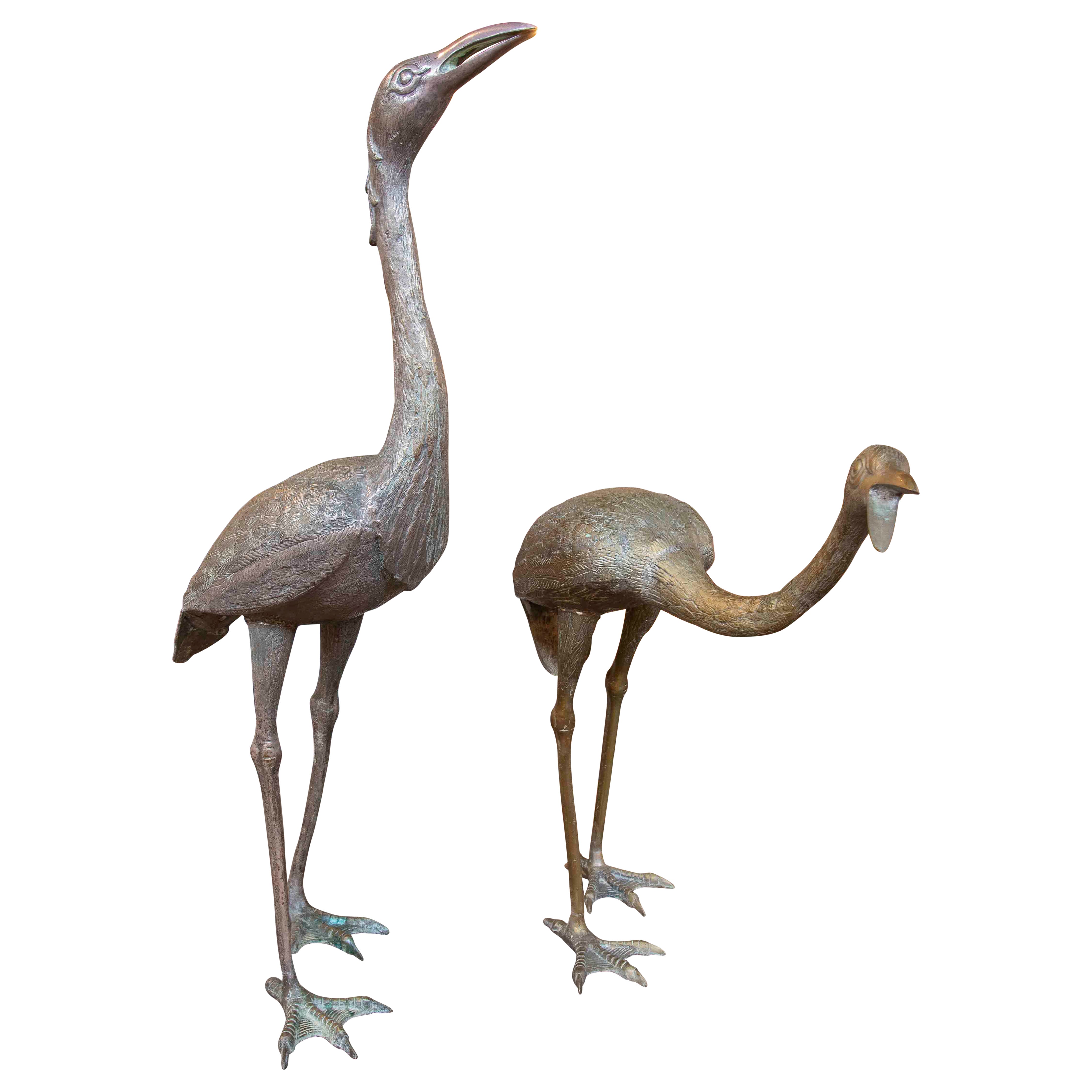 1980s Pair of Bronze Crane Sculptures