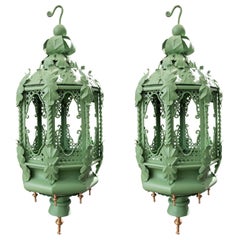 1970s Pair of Green Lamps in Wrought Iron and Brass Decorations