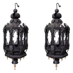1970s Pair of Black Lamps in Wrought Iron and Brass Decorations