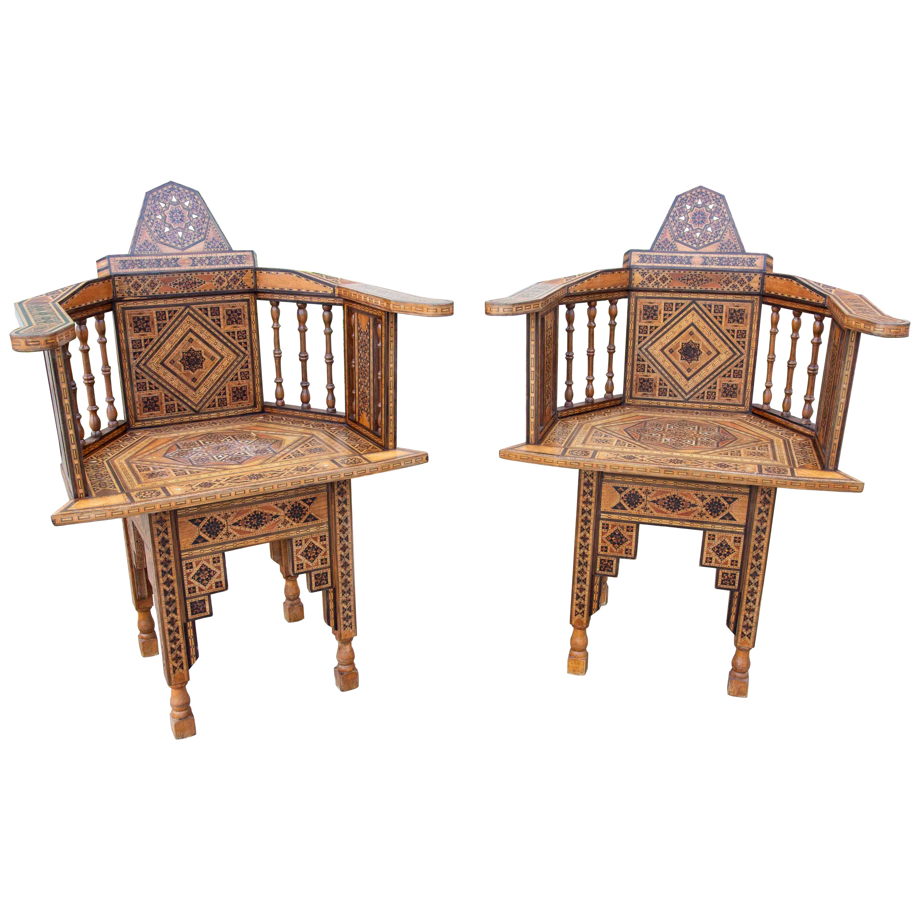 1950s Pair of Chairs with Carved Arms with Handcrafted Inlays