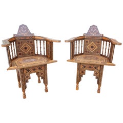 1950s Pair of Chairs with Carved Arms with Handcrafted Inlays