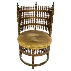 1930s Antique Chair with Backrest & Decoration of Turned Pieces Carved in Wood