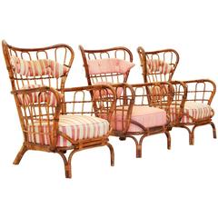 Italian Vintage Wicker Armchairs, Set of Three