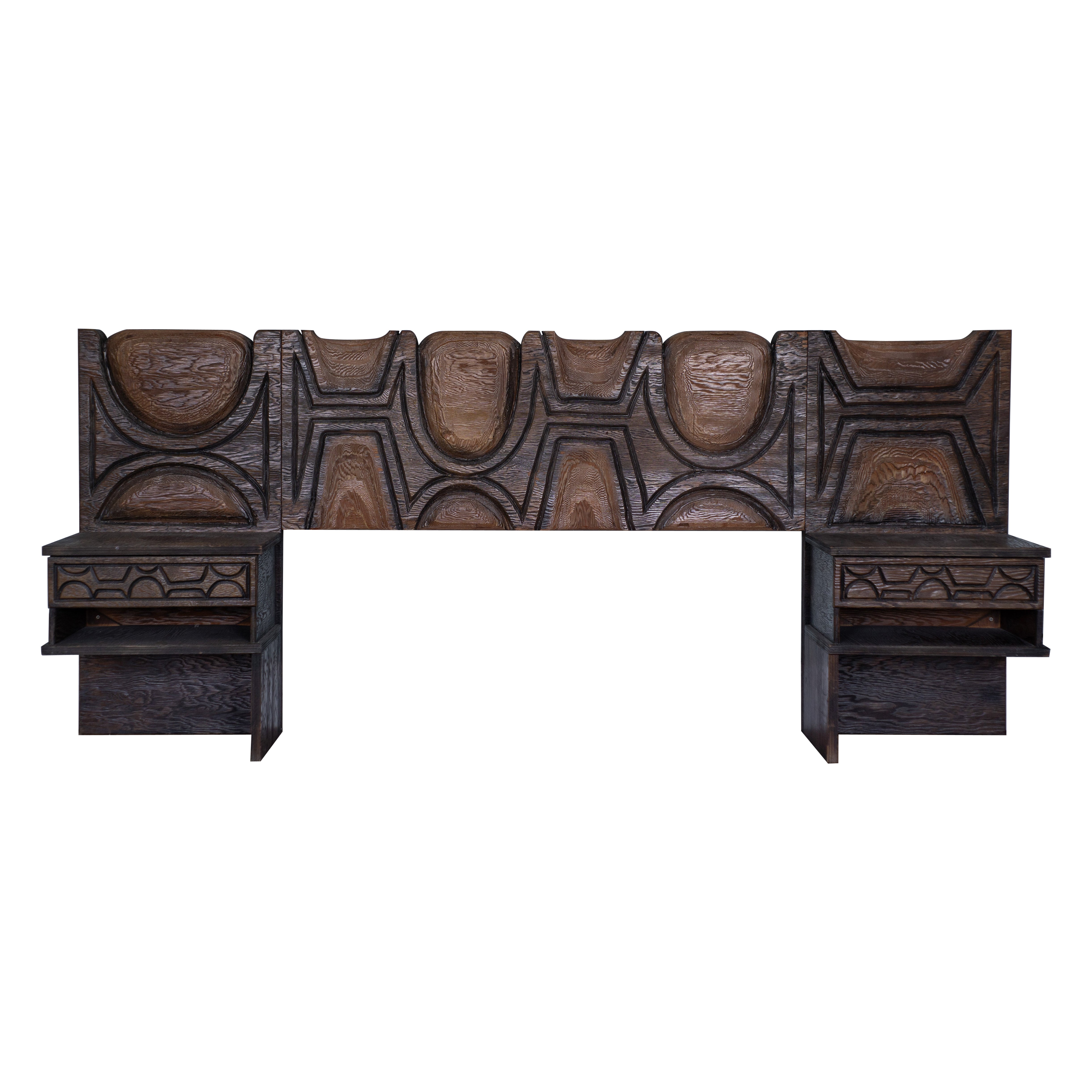 1960s Witco Queen Headboard w/ Floating Nightstands in Tiki Carved Wood