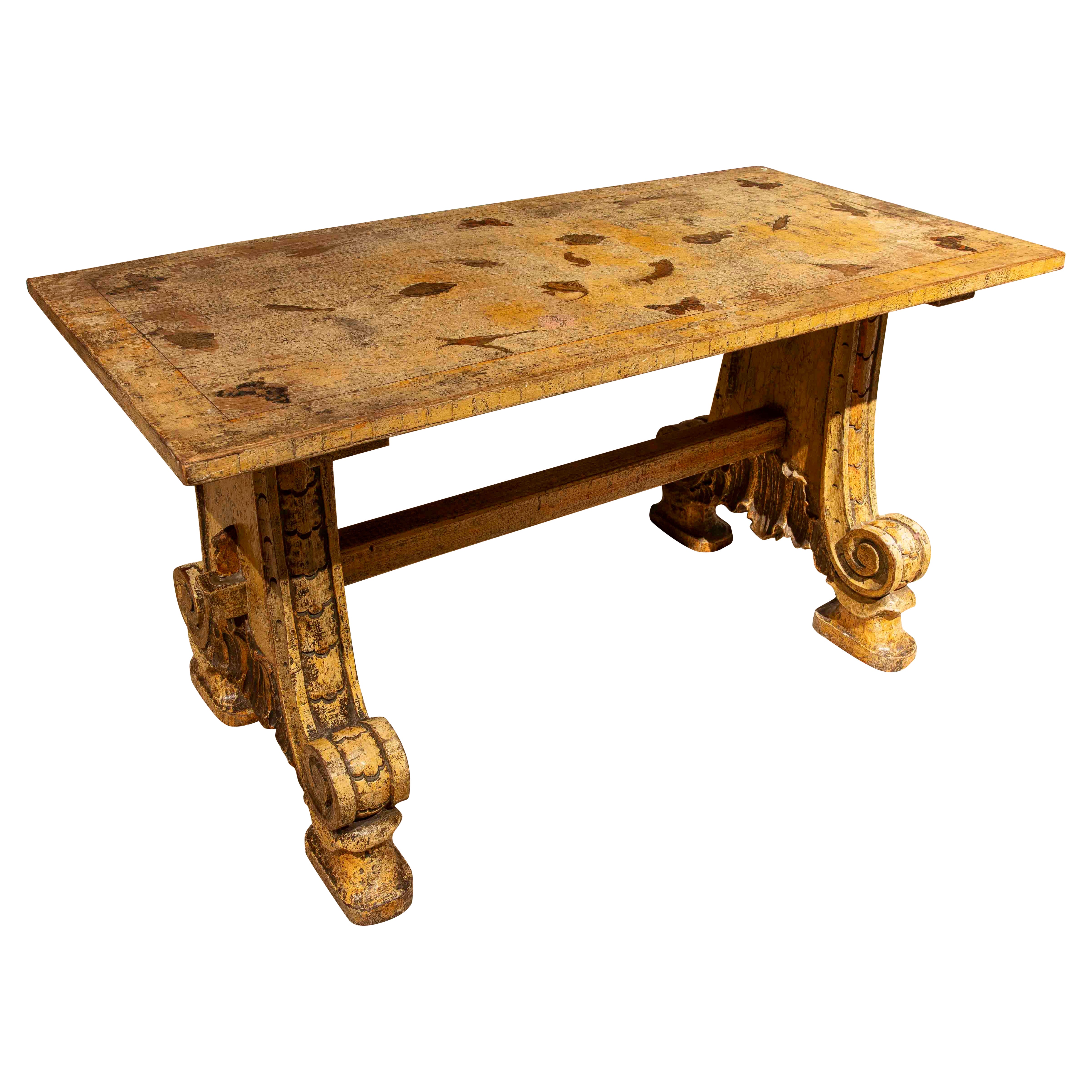 1930er handbemalter antiker Holztisch mit gealterter Patina