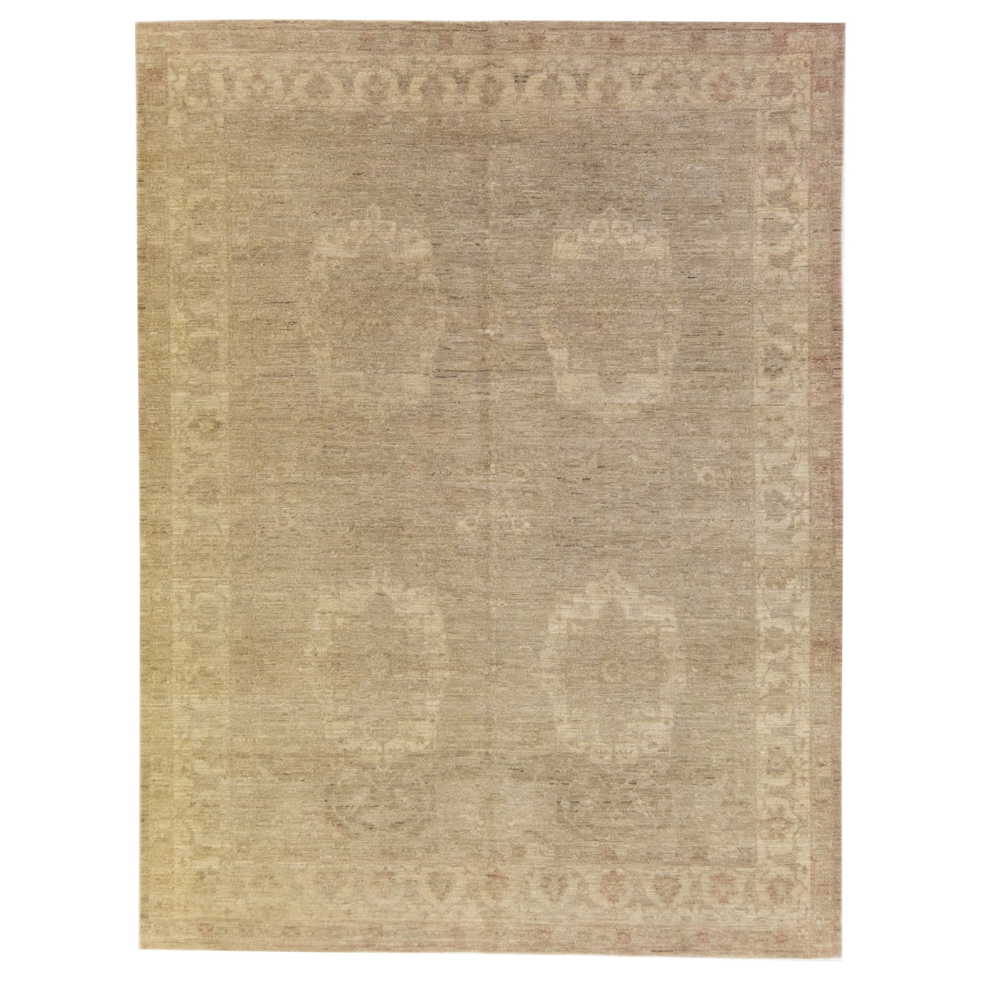 Moderner Paki Peshawar Bio-Wollteppich in Beige mit Allover-Muster im Angebot