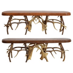 Pair of Italian Deer Antler & Leather Upholstered Benches, Early 20th Century
