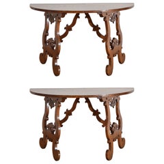 Pair of Italian, Tuscany, Shaped & Inlaid Demilune Console Tables, Mid-17th C.