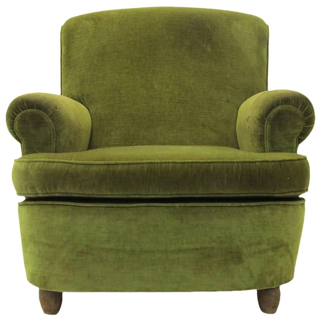 Italian Mid-Century Green Velvet Armchair, 1940s
