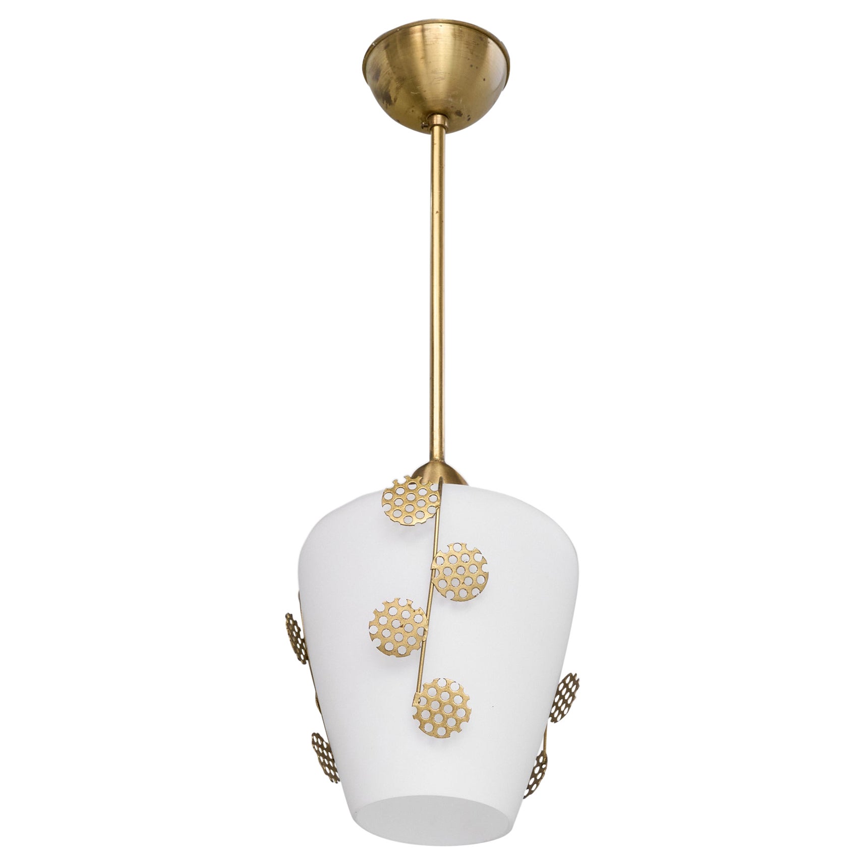 Swedish Designer, Pendant Light, Brass, Glass, Sweden, 1950s For Sale