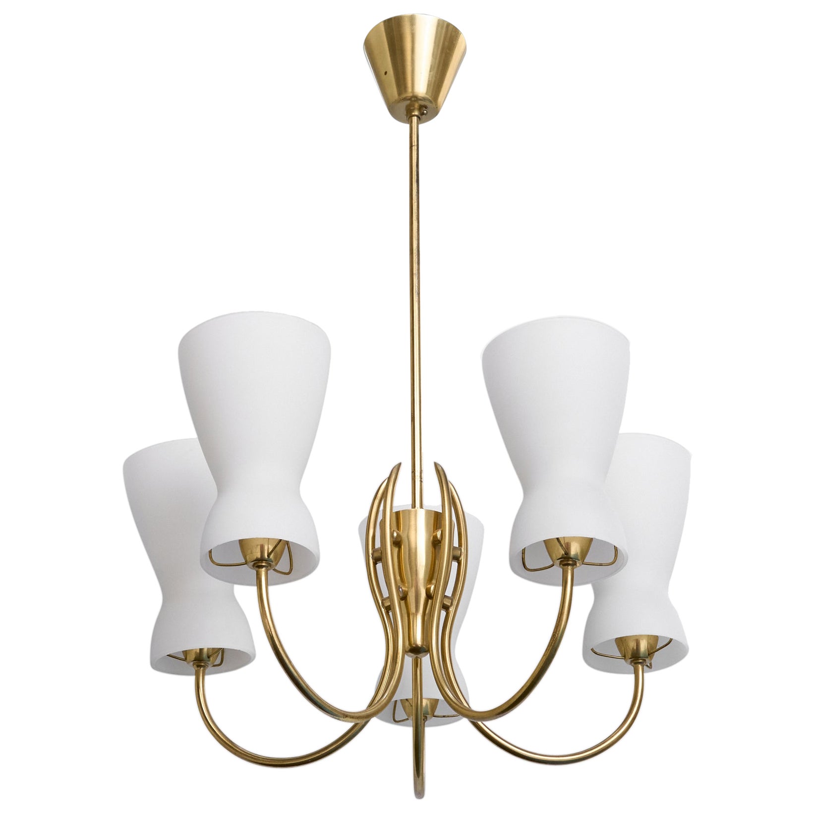 Swedish Designer, Chandelier, Brass, Glass, Sweden, 1950s