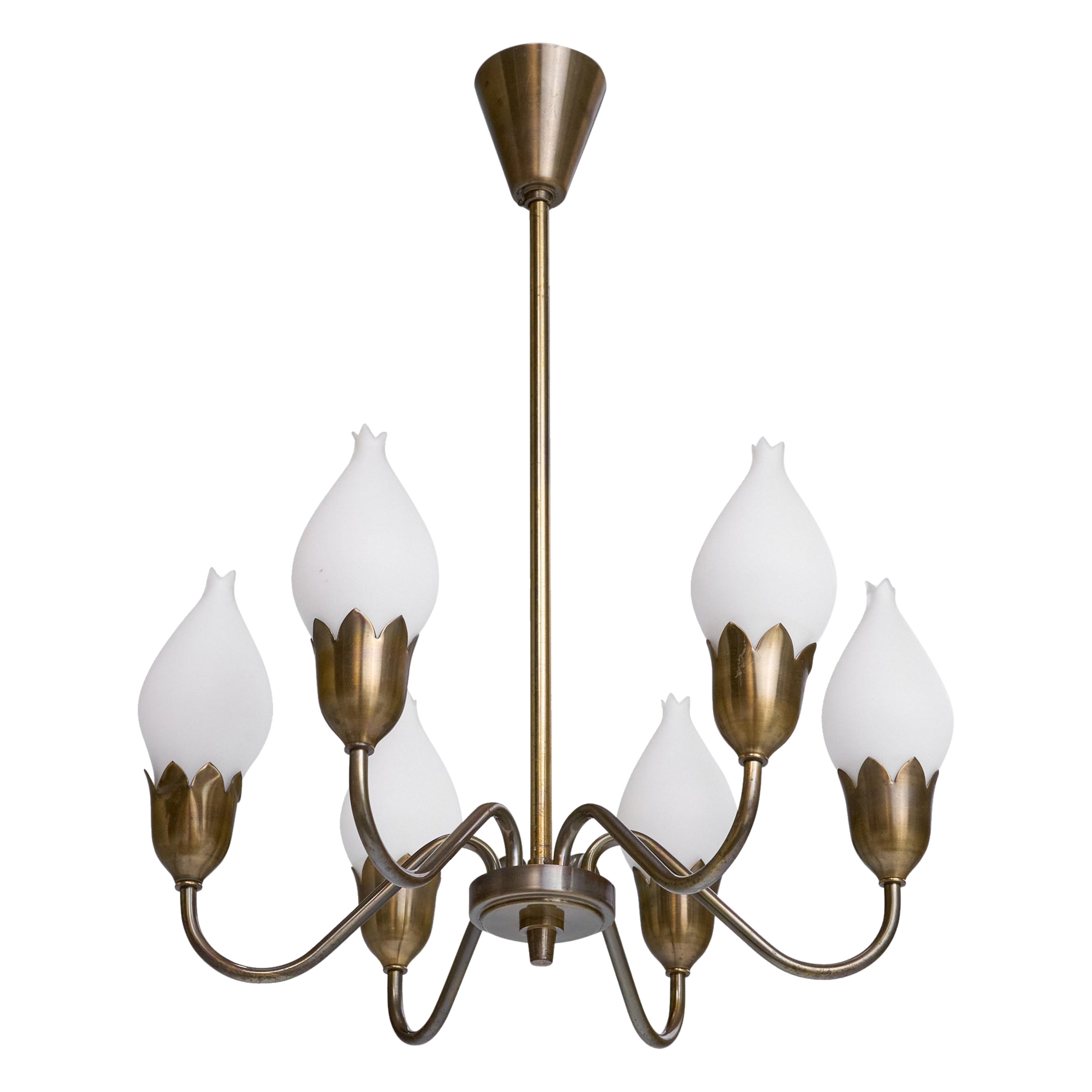 Fog & Mørup, Chandelier, Brass, Glass, Denmark, 1950s