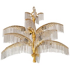 Französischer Hollywood-Regency-Kronleuchter mit Palmenbaum aus vergoldeter Bronze und Kristall