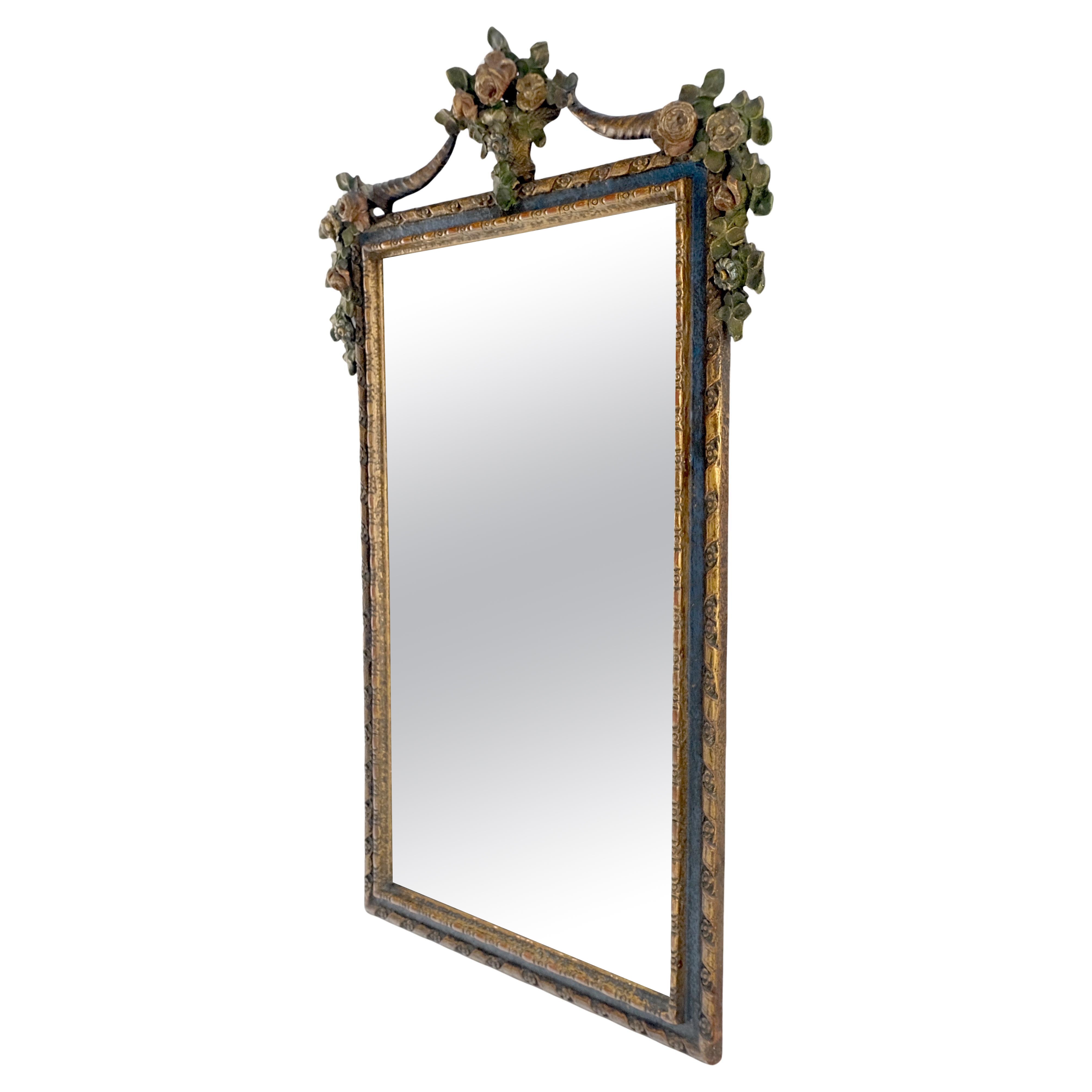 Sculpté et peint  Miroir mural décoratif rectangulaire à motifs floraux