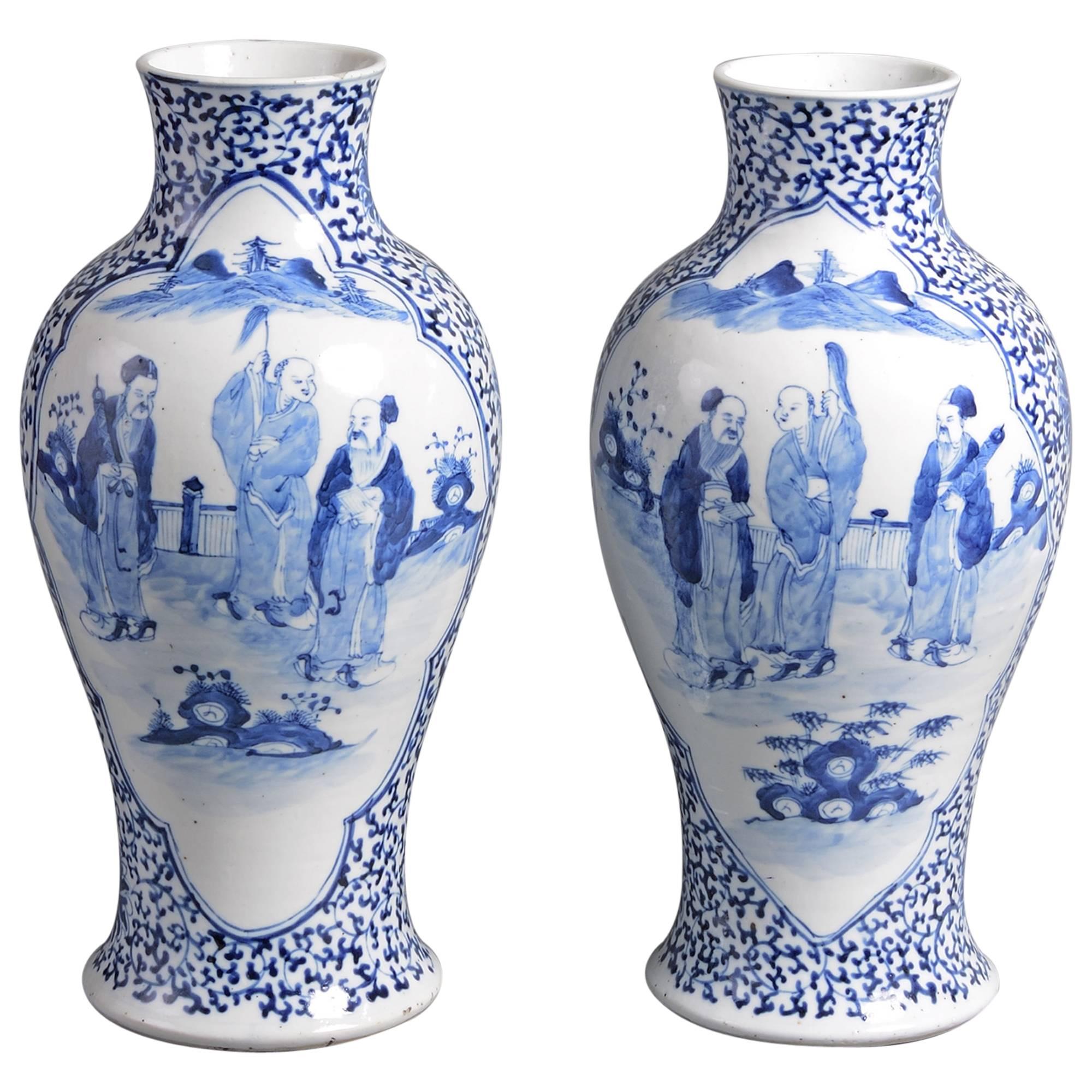 Pair of 19th Century Qing Period Blue and White Porcelain Vases
