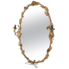 Vintage Gold Gilt Wrought Iron Oval Wall Mirror Candelabra c1920s