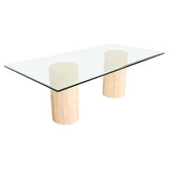Matteo Grassi Modern Italian Travertine Double Pedestal Glass Top Dining Table