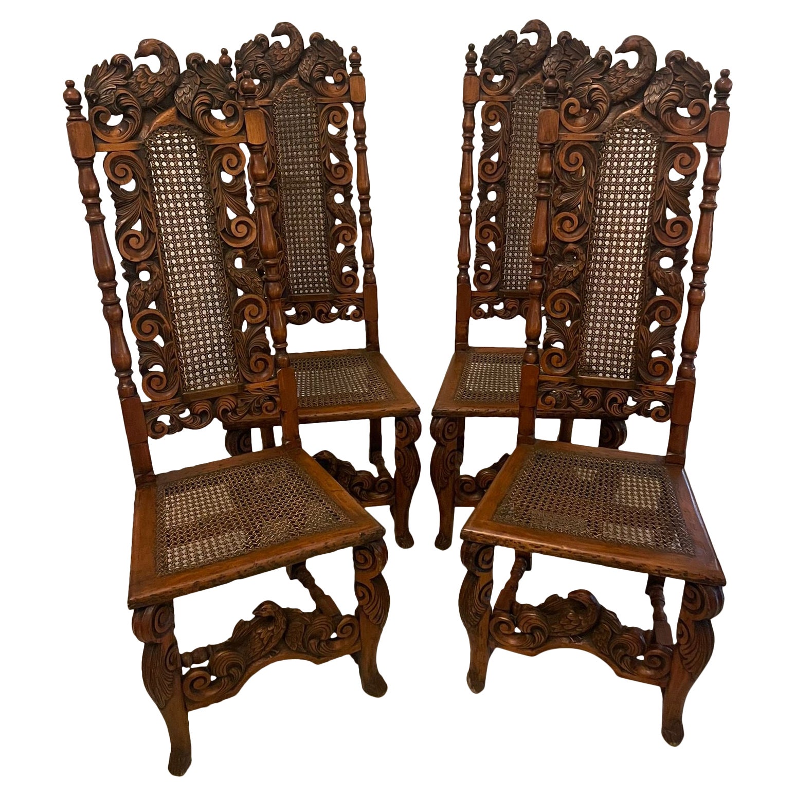 Set of 4 Antique Victorian Quality Carved Walnut Dining Chairs