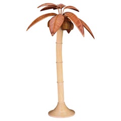 Late 20th Century Coastal Regency Pencil Reed Ratan Palm Tree Coconut Floor Lamp