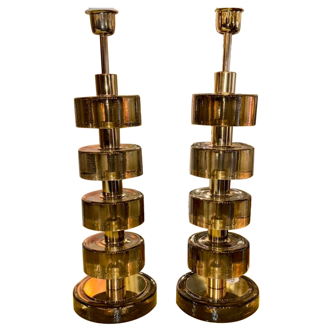 Pairof Modern "Fume" Colored Murano Glass and Brass Lamps