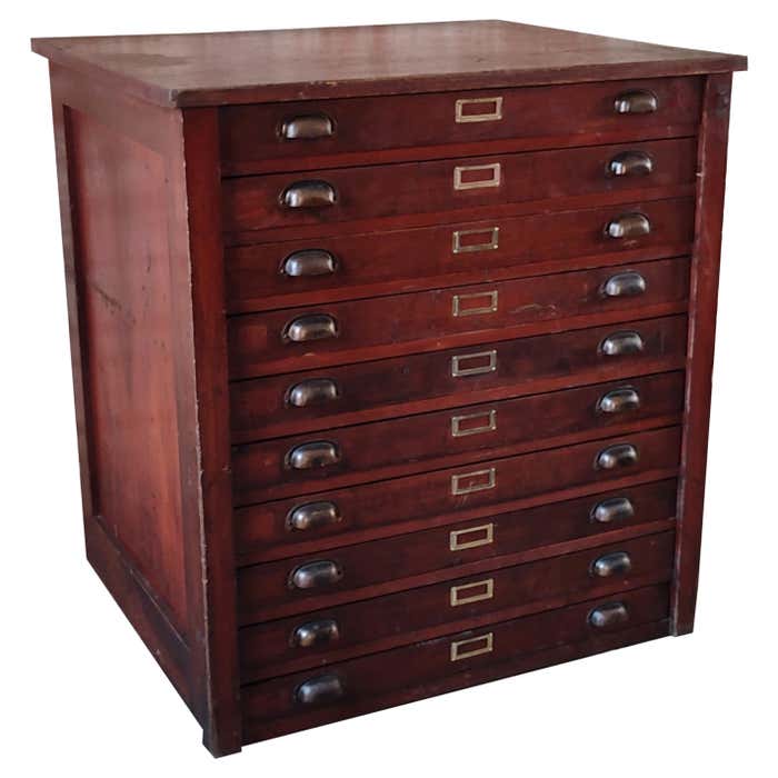 Vintage Wooden Flat File with 10 Drawers For Sale at 1stDibs