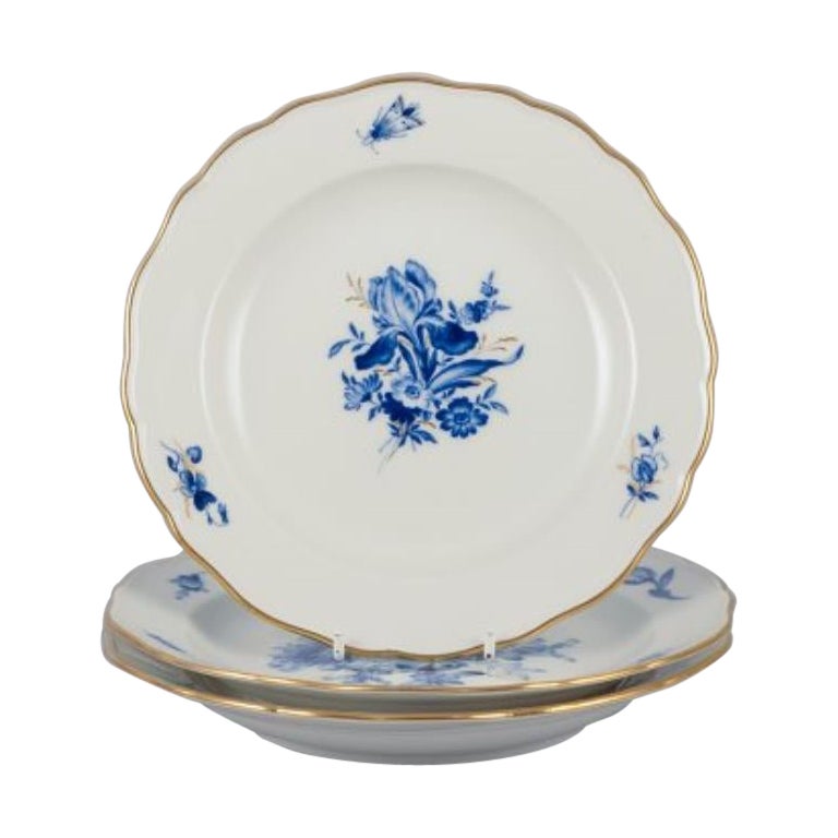 Meissen, Allemagne. Trois assiettes en porcelaine avec des fleurs bleues et des insectes